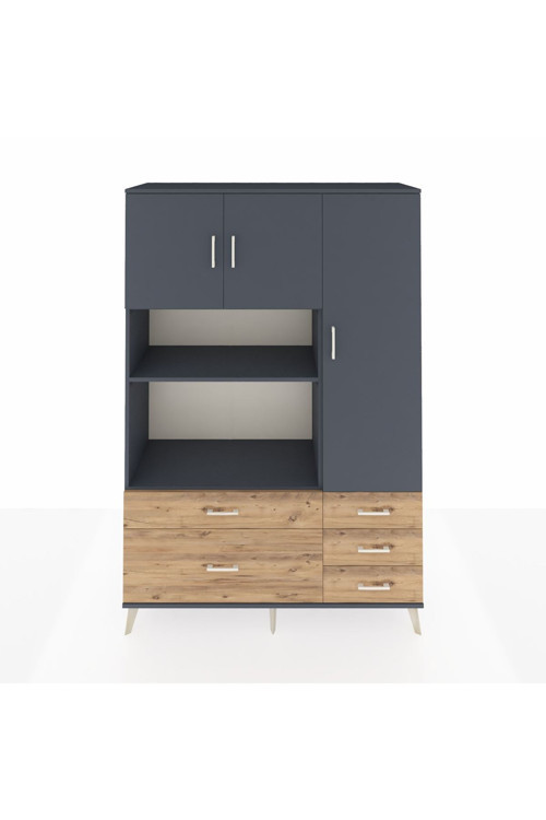 Hyperion Dolap 7 Raflı 5 Çekmeceli 3 Kapaklı 132x44x195 Antrasit-Antrasit/Çam