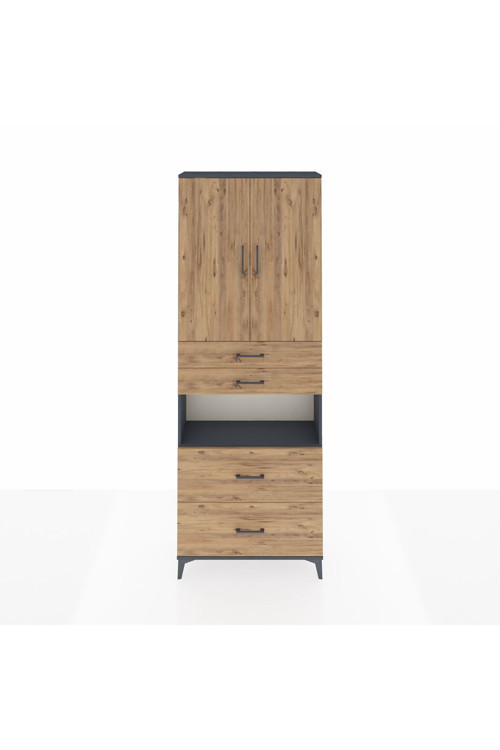 Arges Dolap 4 Raflı 4 Çekmeceli 2 Kapaklı 88x30x243 Antrasit-Çam