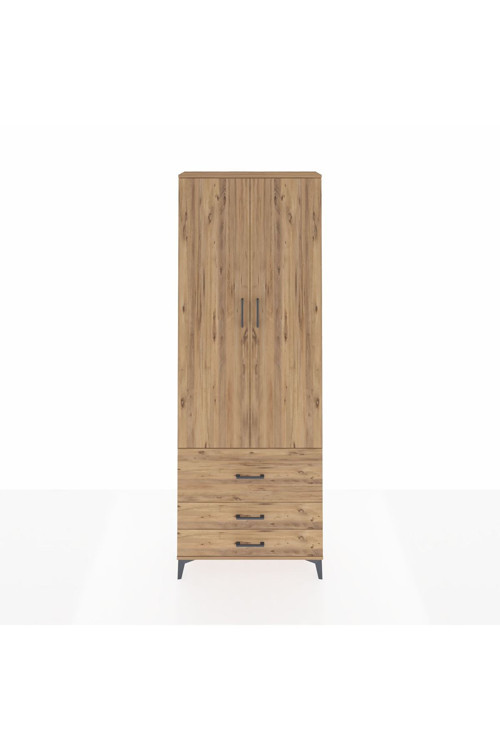 Arges Dolap Tek Raflı 3 Çekmeceli Tek Askılı 88x30x243 Çam-Çam