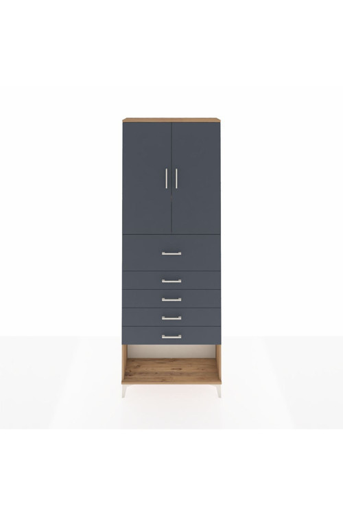 Arges Dolap 3 Raflı 5 Çekmeceli 2 Kapaklı 88x30x243 Çam-Antrasit