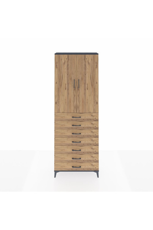 Arges Dolap 3 Raflı 7 Çekmeceli 2 Kapaklı 88x30x243 Antrasit-Çam