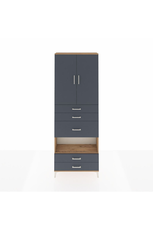 Arges Dolap 4 Raflı 5 Çekmeceli 2 Kapaklı 88x30x243 Çam-Antrasit