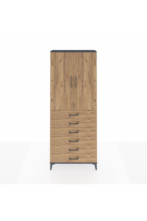 Arges Dolap 2 Raflı 6 Çekmeceli 2 Kapaklı 88 x 30 x 221 cm Antrasit - Çam