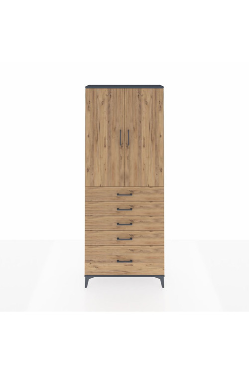 Arges Dolap 3 Raflı 5 Çekmeceli 2 Kapaklı 88x30x221 Antrasit-Çam