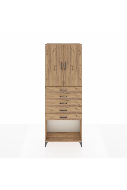 Arges Dolap 3 Raflı 5 Çekmeceli 2 Kapaklı 88x30x243 Çam-Çam