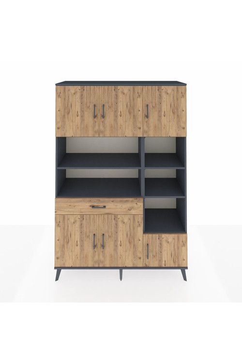 Hyperion Gardrop 10 Raflı Tek Çekmeceli 6 Kapaklı 132x44x195 Antrasit-Çam