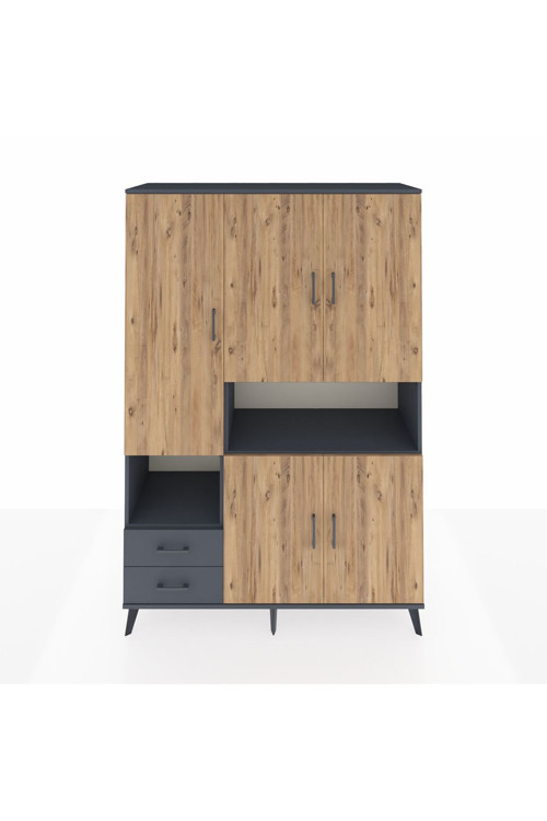 Hyperion Dolap 10 Raflı 2 Çekmeceli 5 Kapaklı 132 x 44 x 195 cm Antrasit - Çam - Antrasit