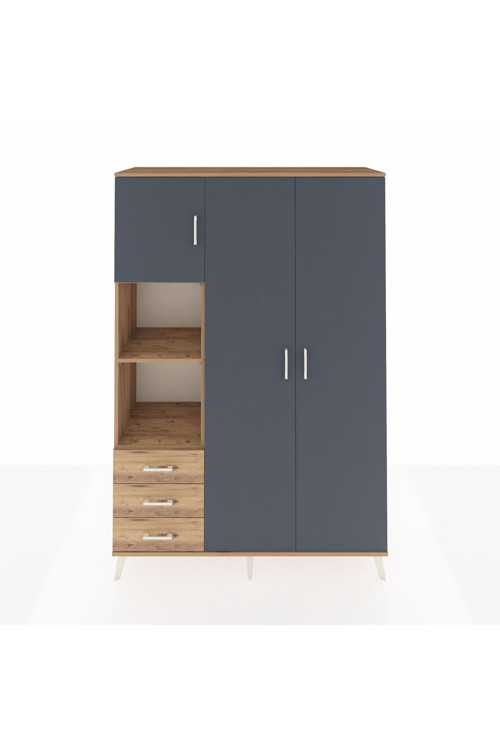 Hyperion Dolap 6 Raflı 3 Çekmeceli Tek Askılı 132x44x195 Çam-Antrasit/Çam