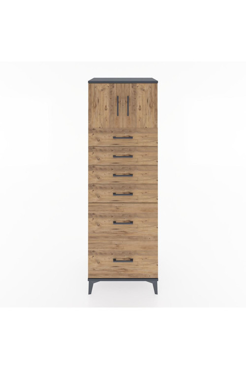 Hyperion Dolap Tek Raflı 6 Çekmeceli 2 Kapaklı 60x44x182 Antrasit-Çam