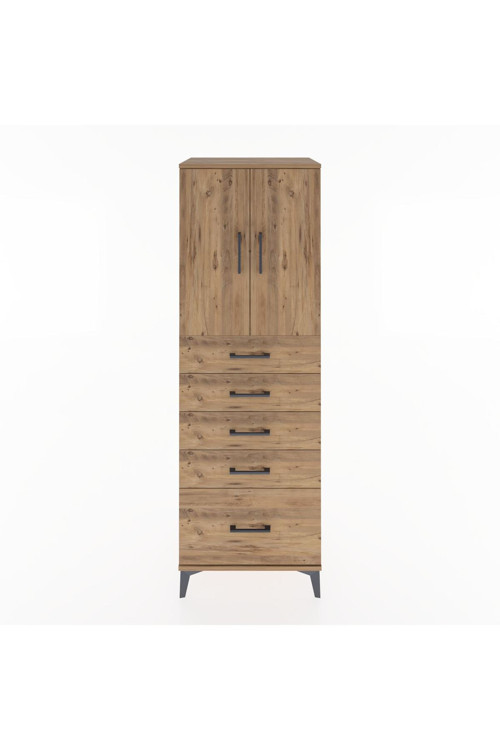 Hyperion Dolap Tek Raflı 5 Çekmeceli 2 Kapaklı 60x44x182 Çam-Çam
