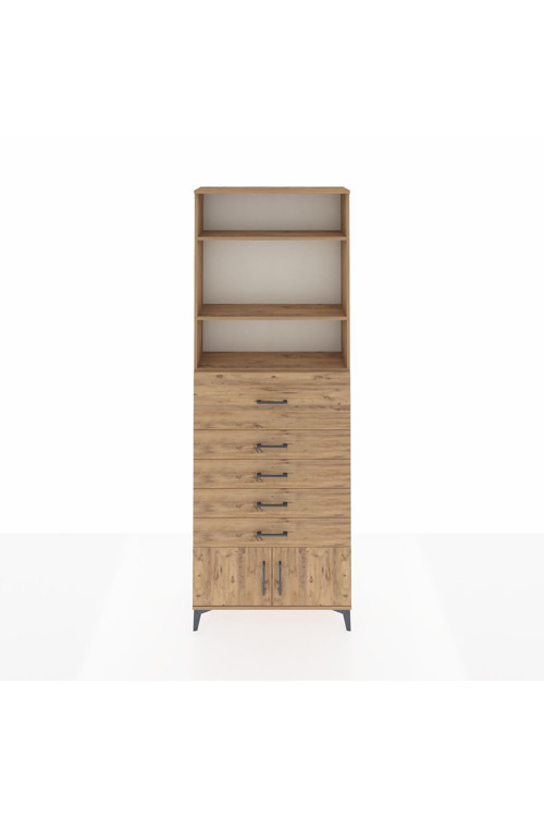 Arges Dolap 3 Raflı 5 Çekmeceli 2 Kapaklı 88x30x243 Çam-Çam