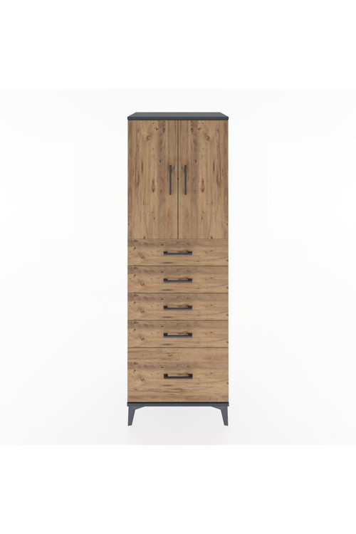 Hyperion Dolap Tek Raflı 5 Çekmeceli 2 Kapaklı 60x44x182 Antrasit-Çam
