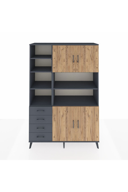 Hyperion Dolap 9 Raflı 4 Çekmeceli 4 Kapaklı 132x44x195 Antrasit-Çam/Antrasit