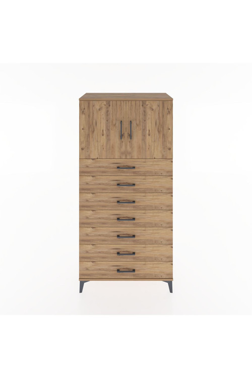 Hyperion Dolap Tek Raflı 7 Çekmeceli 2 Kapaklı 88x44x182 Çam-Çam