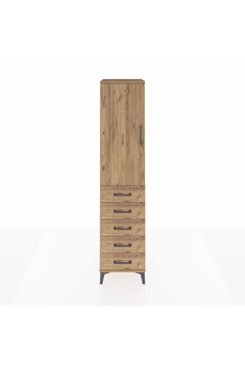 Hyperion Dolap Tek Raflı 5 Çekmeceli Tek Askılı 44x44x195 Çam-Çam