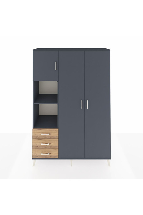 Hyperion Dolap 6 Raflı 3 Çekmeceli 1 Askılı 132 x 44 x 195 cm Antrasit - Antrasit - Çam