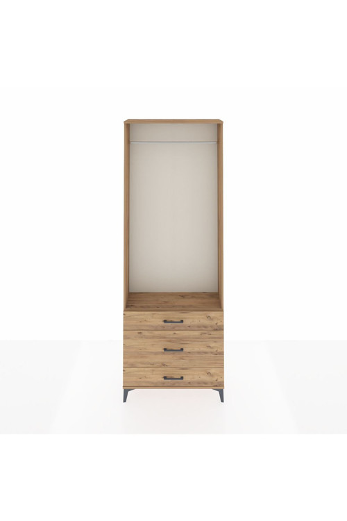 Arges Dolap Tek Raflı 3 Çekmeceli Tek Askılı 88x30x243 Çam-Çam