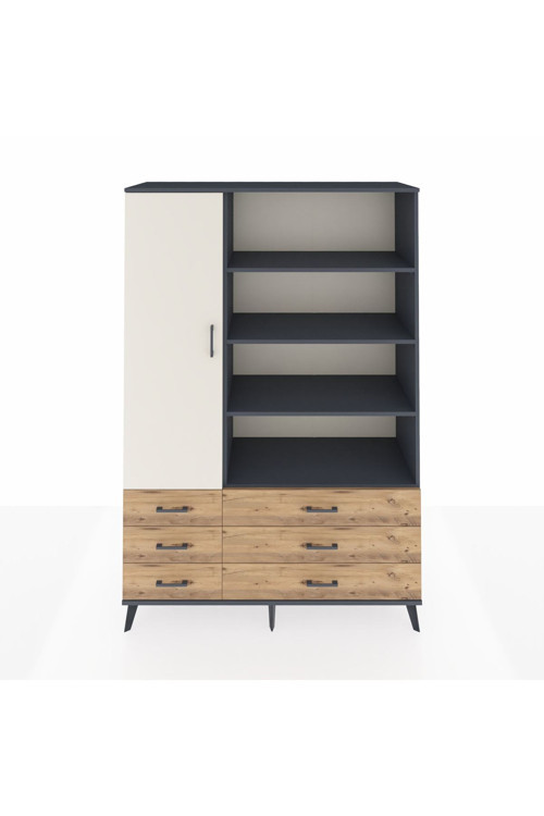 Hyperion Dolap 8 Raflı 6 Çekmeceli Tek Kapaklı 132x44x195 Antrasit-Aytaşı/Çam