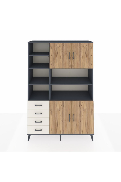 Hyperion Dolap 9 Raflı 4 Çekmeceli 4 Kapaklı 132x44x195 Antrasit-Çam/Aytaşı