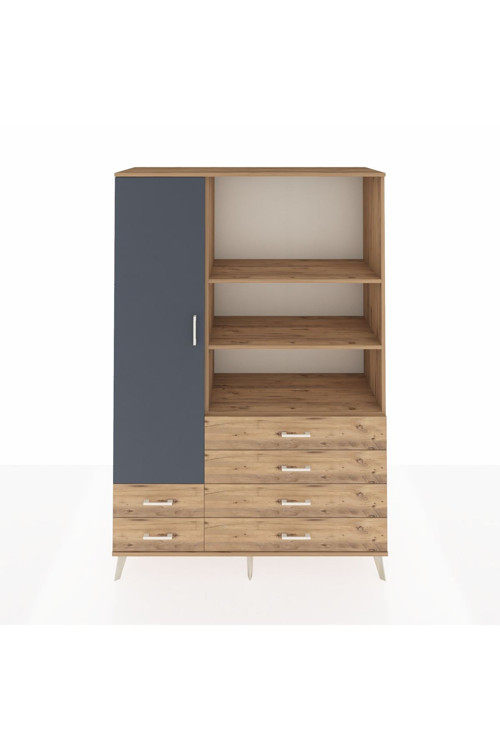 Hyperion Dolap 7 Raflı 6 Çekmeceli Tek Kapaklı 132x44x195 Çam-Antrasit/Çam