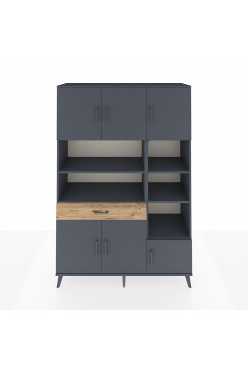 Hyperion Dolap 10 Raflı Tek Çekmeceli 6 Kapaklı 132x44x195 Antrasit-Antrasit/Çam
