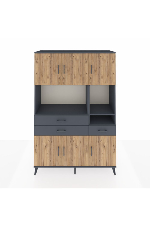 Hyperion Dolap 9 Raflı 3 Çekmeceli 6 Kapaklı 132x44x195 Antrasit-Çam/Antrasit