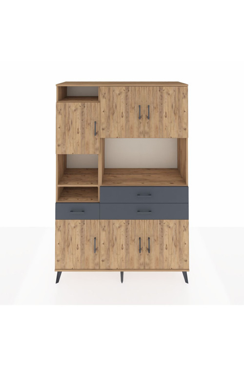 Hyperion Dolap 9 Raflı 3 Çekmeceli 6 Kapaklı 132x44x195 Çam-Çam/Antrasit