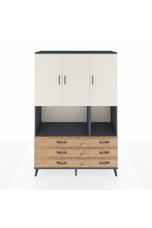 Hyperion Dolap 6 Raflı 6 Çekmeceli 3 Kapaklı 132x44x195 Antrasit-Aytaşı/Çam