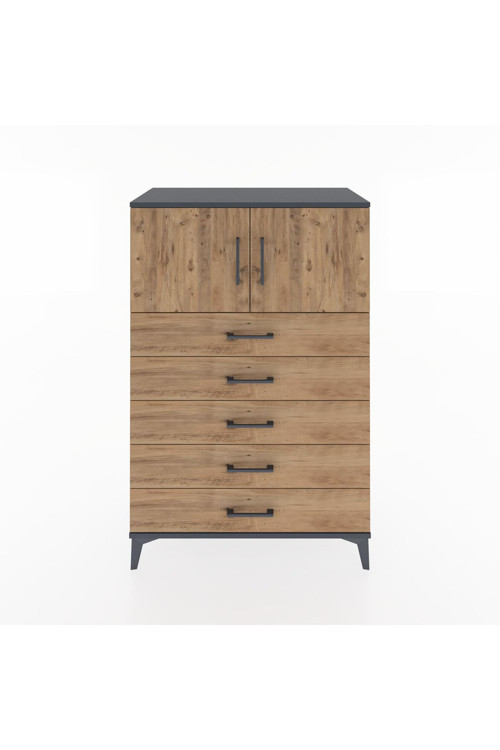 Hyperion Dolap Tek Raflı 5 Çekmeceli 2 Kapaklı 88x44x134 Antrasit-Çam