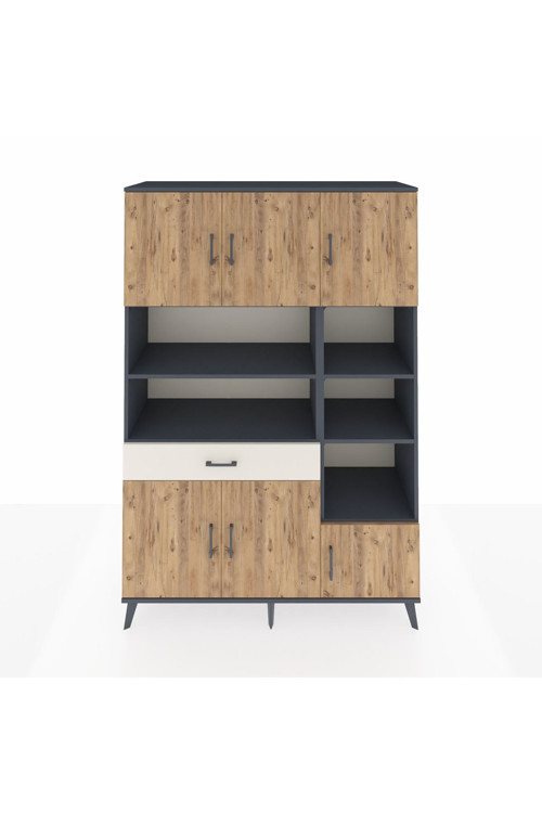 Hyperion Dolap 10 Raflı Tek Çekmeceli 6 Kapaklı 132x44x195 Antrasit-Çam/Aytaşı