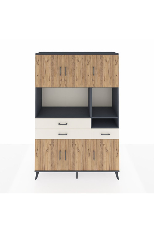 Hyperion Dolap 9 Raflı 3 Çekmeceli 6 Kapaklı 132x44x195 Antrasit-Çam/Aytaşı
