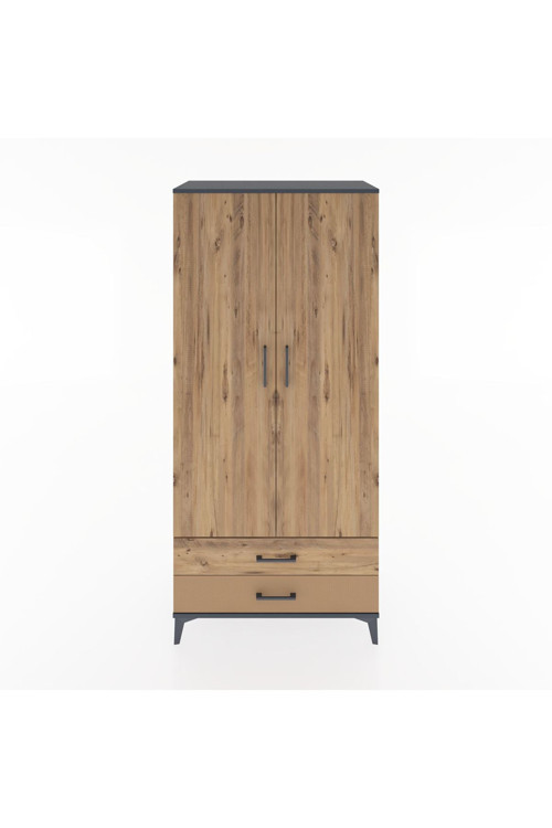 Hyperion Dolap 3 Raflı 2 Çekmeceli Tek Askılı 88x44x195 Antrasit-Çam