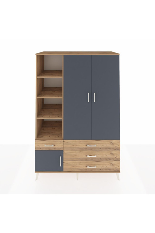 Kronos Dolap 5 Raflı 4 Çekmeceli 1 Askılı 132 x 59 x 195 cm Çam - Antrasit - Çam