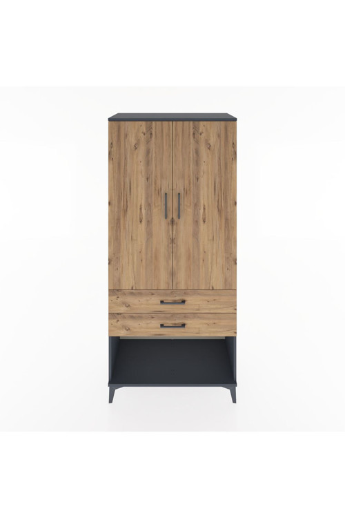 Hyperion Dolap 4 Raflı 2 Çekmeceli 2 Kapaklı 88x44x195 Antrasit-Çam