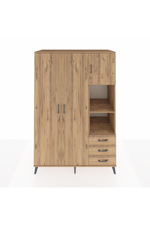 Kronos Dolap 5 Raflı 3 Çekmeceli 1 Askılı 132 x 59 x 195 cm Çam - Çam - Çam