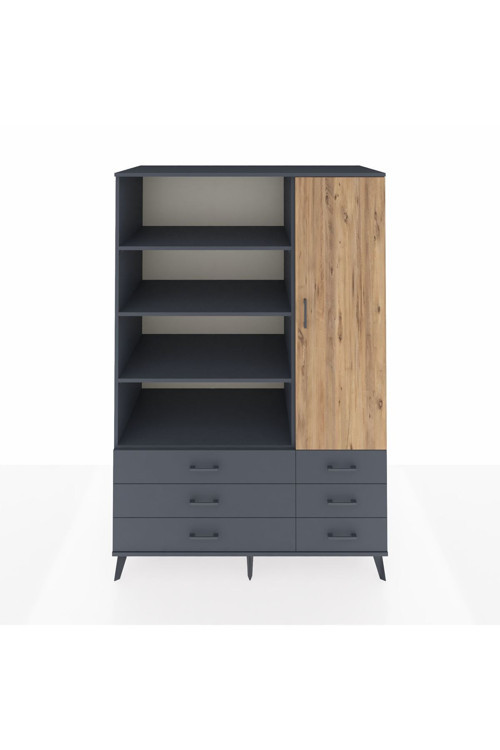 Kronos Dolap 8 Raflı 6 Çekmeceli 1 Kapaklı 132 x 59 x 195 cm Antrasit - Çam - Antrasit