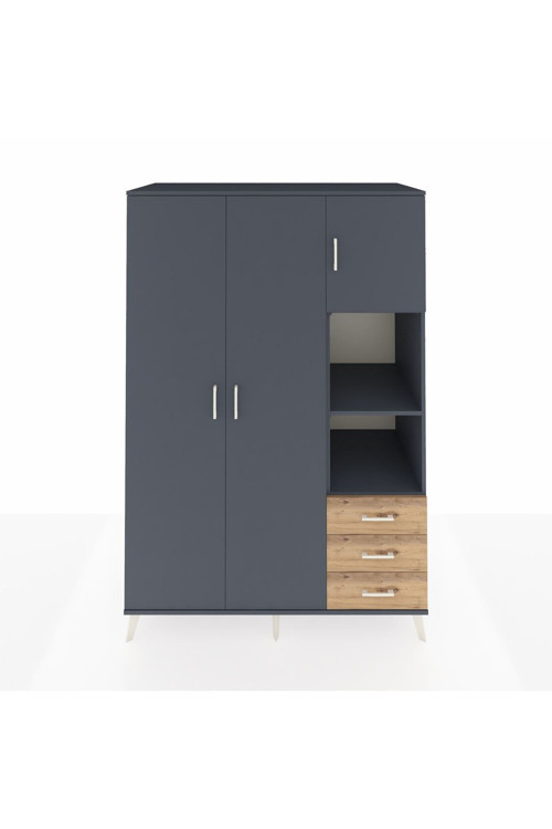 Kronos Dolap 5 Raflı 3 Çekmeceli 1 Askılı 132 x 59 x 195 cm Antrasit - Antrasit - Çam
