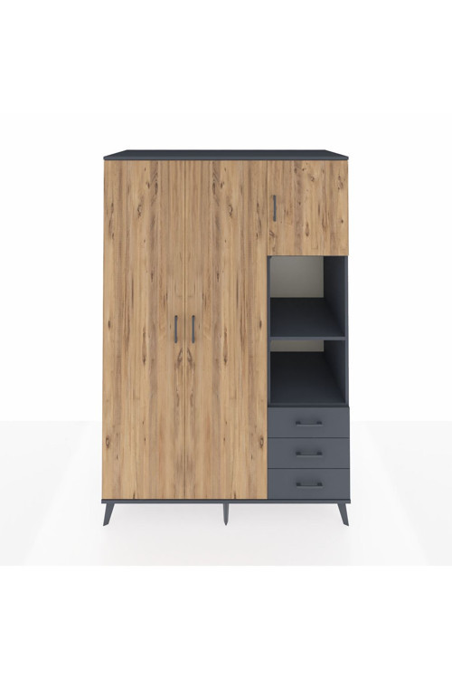 Kronos Dolap 5 Raflı 3 Çekmeceli 1 Askılı 132 x 59 x 195 cm Antrasit - Çam - Antrasit