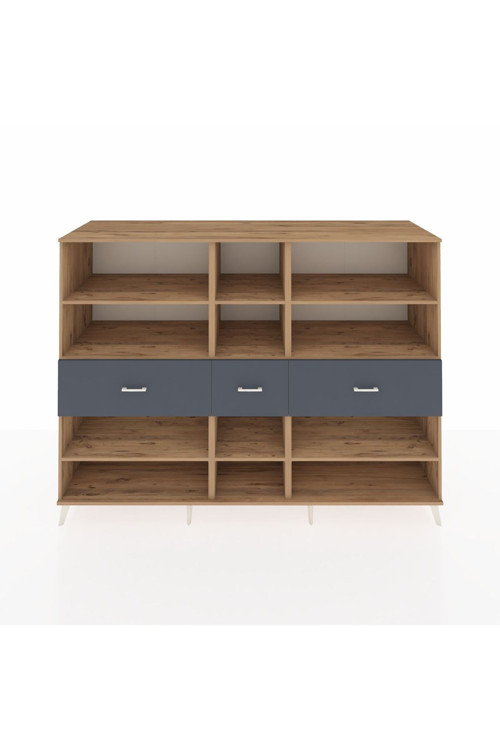 Kronos Dolap 9 Raflı 3 Çekmeceli 220 x 59 x 163 cm Çam - Çam - Antrasit