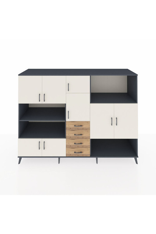 Kronos Dolap 10 Raflı 4 Çekmeceli 8 Kapaklı 220 x 59 x 163 cm Antrasit - Aytaşı - Çam