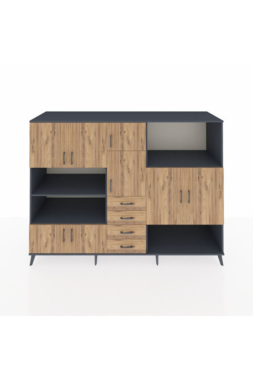 Kronos Dolap 10 Raflı 4 Çekmeceli 8 Kapaklı 220 x 59 x 163 cm Antrasit - Çam