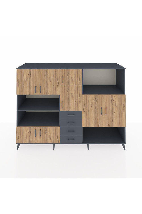 Kronos Dolap 10 Raflı 4 Çekmeceli 8 Kapaklı 220 x 59 x 163 cm Antrasit - Çam - Antrasit