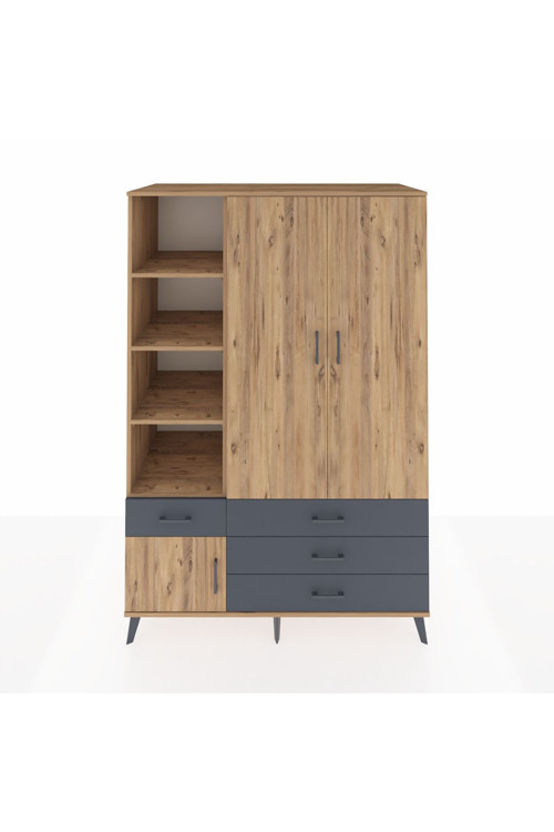 Kronos Dolap 5 Raflı 4 Çekmeceli 1 Askılı 132 x 59 x 195 cm Çam - Çam - Antrasit