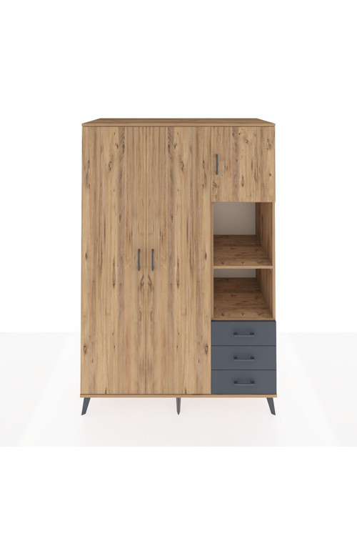 Kronos Dolap 5 Raflı 3 Çekmeceli 1 Askılı 132 x 59 x 195 cm Çam - Çam - Antrasit