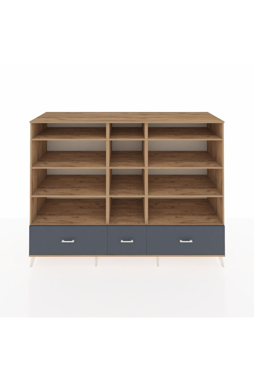 Kronos Dolap 12 Raflı 3 Çekmeceli 220 x 59 x 163 cm Çam - Çam - Antrasit