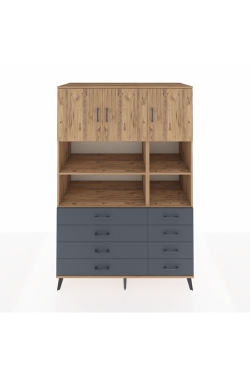 Kronos Dolap 8 Raflı 8 Çekmeceli 3 Kapaklı 132 x 59 x 195 cm Çam - Çam - Antrasit