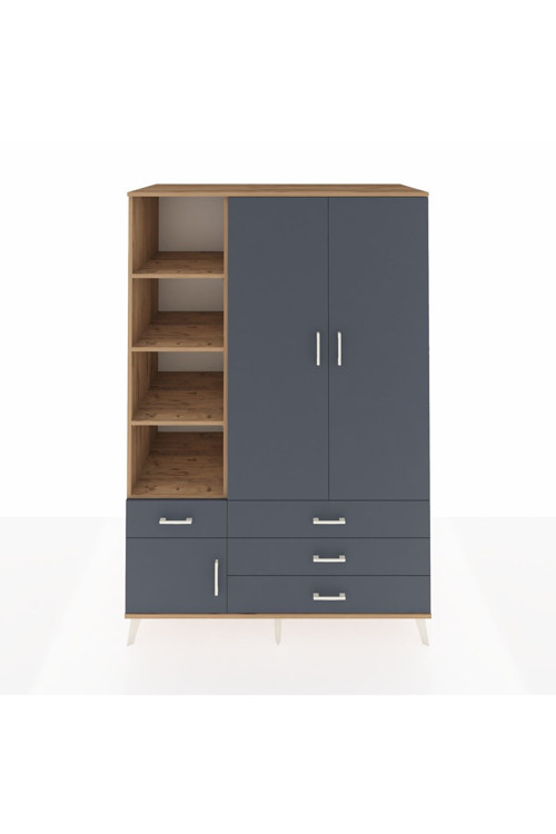 Kronos Dolap 5 Raflı 4 Çekmeceli 1 Askılı 132 x 59 x 195 cm Çam - Antrasit - Antrasit