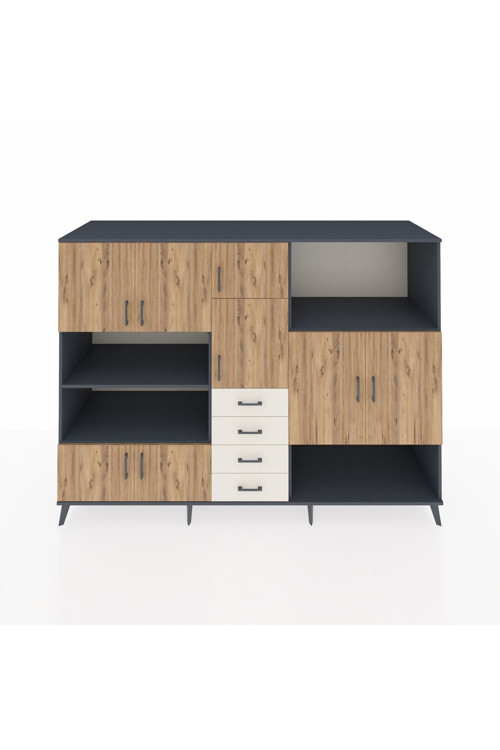 Kronos Dolap 10 Raflı 4 Çekmeceli 8 Kapaklı 220 x 59 x 163 cm Antrasit - Çam - Aytaşı