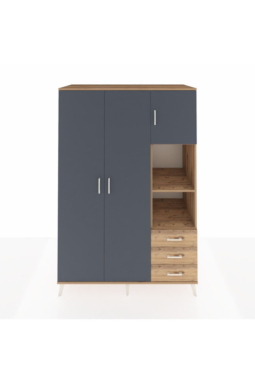 Kronos Dolap 5 Raflı 3 Çekmeceli 1 Askılı 132 x 59 x 195 cm Çam - Antrasit - Çam