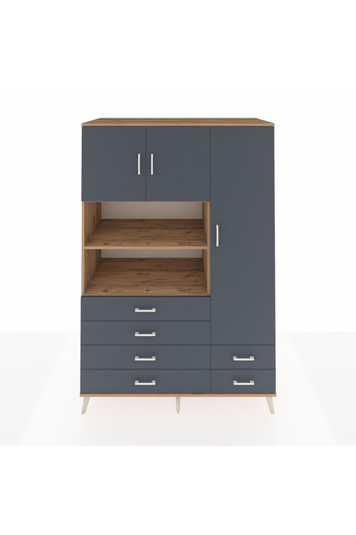 Kronos Dolap 9 Raflı 6 Çekmeceli 3 Kapaklı 132 x 59 x 195 cm Çam - Antrasit - Antrasit